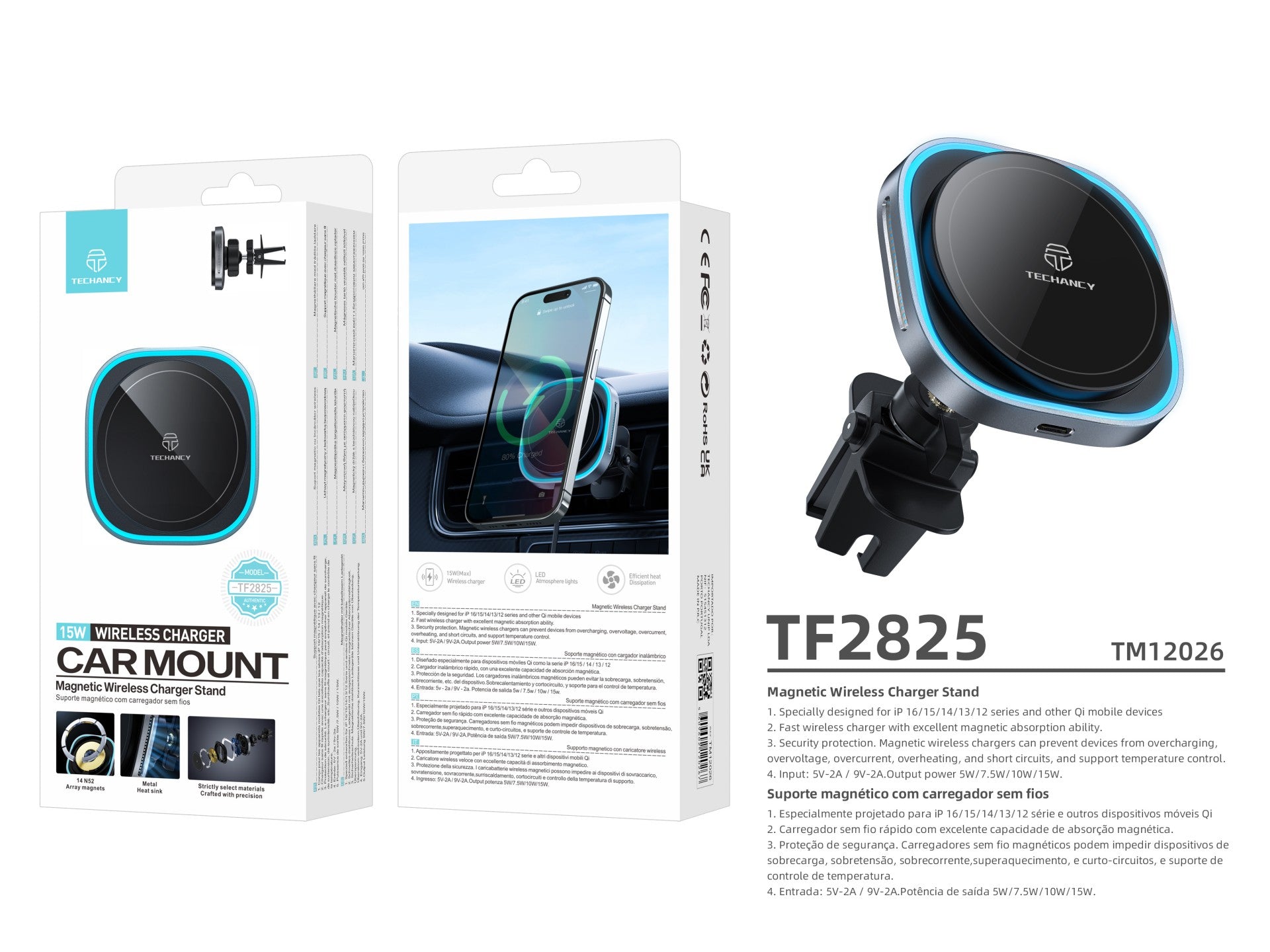 Techancy Suporte Magnético  TF2825, carregador sem fio 15W, compatível