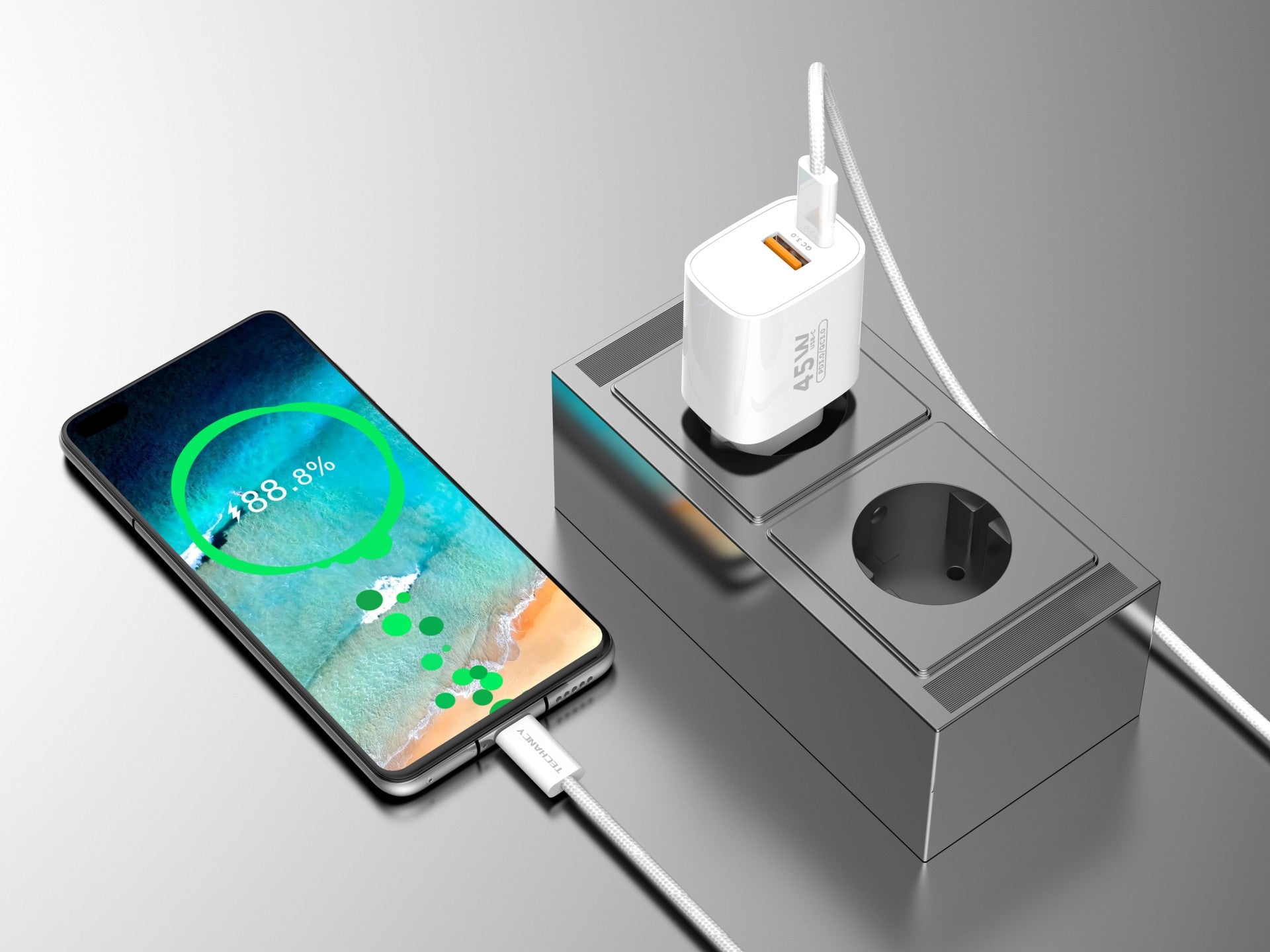 Techancy Încărcător USB-A+USB-C TA2820, 45W PD, cu Cablu USB-C la