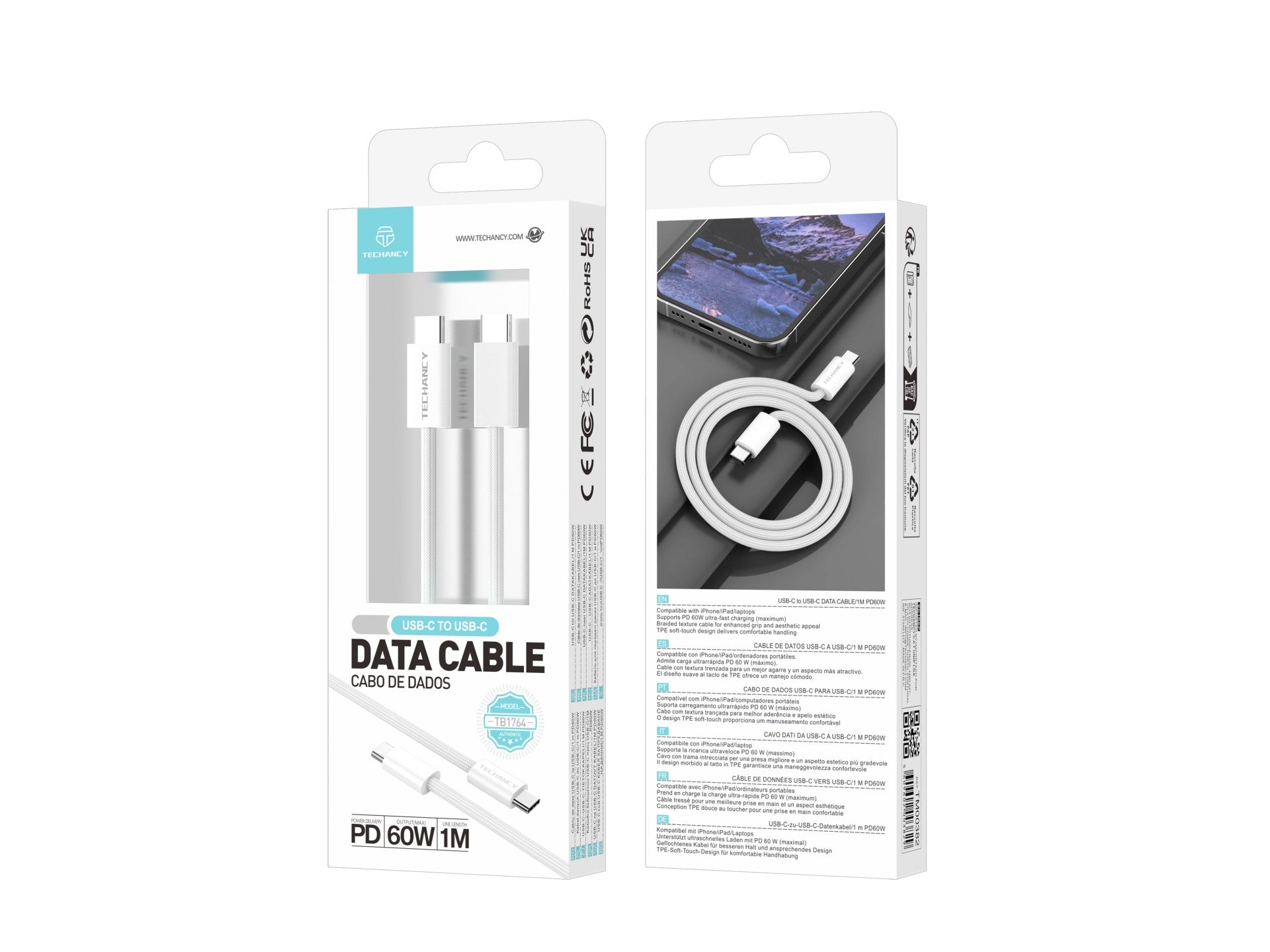 Techancy Cabo USB-C para USB-C TB4764 1M PD 60W, Trancado, Carga