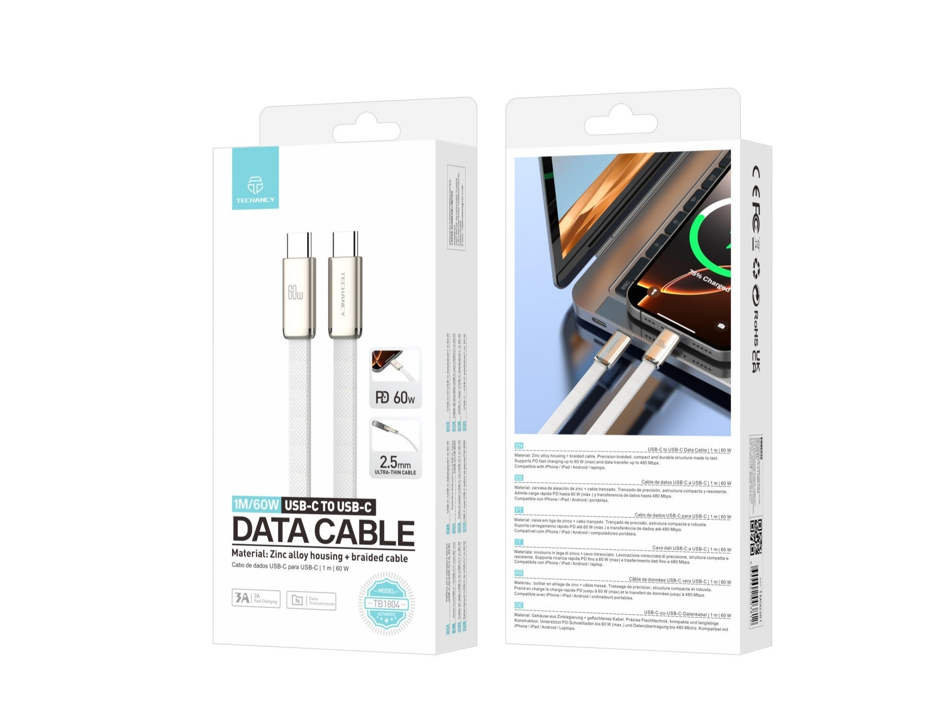 Techancy Cabo de Dados USB C para USB C 60W TB1804 Carregamento Rapido