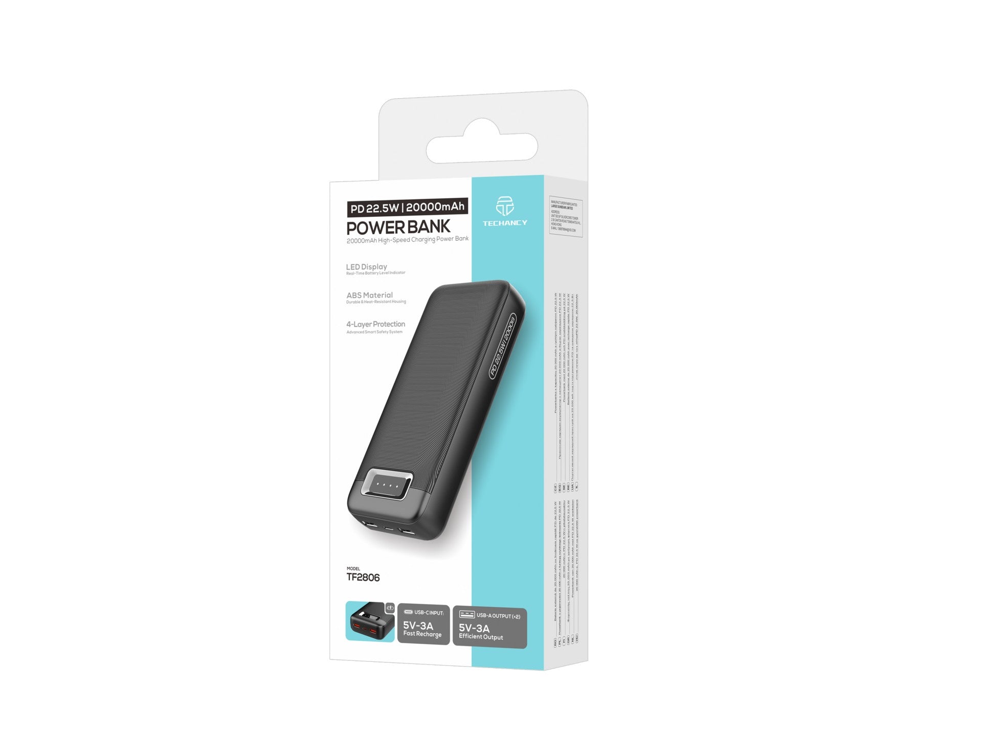 Baterie externă Techancy Power Bank 20000mAh TF2806 PD 22.5W cu USB-C și 2 USB,