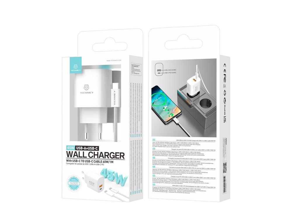 Techancy Încărcător USB-A+USB-C TA2820, 45W PD, cu Cablu USB-C la