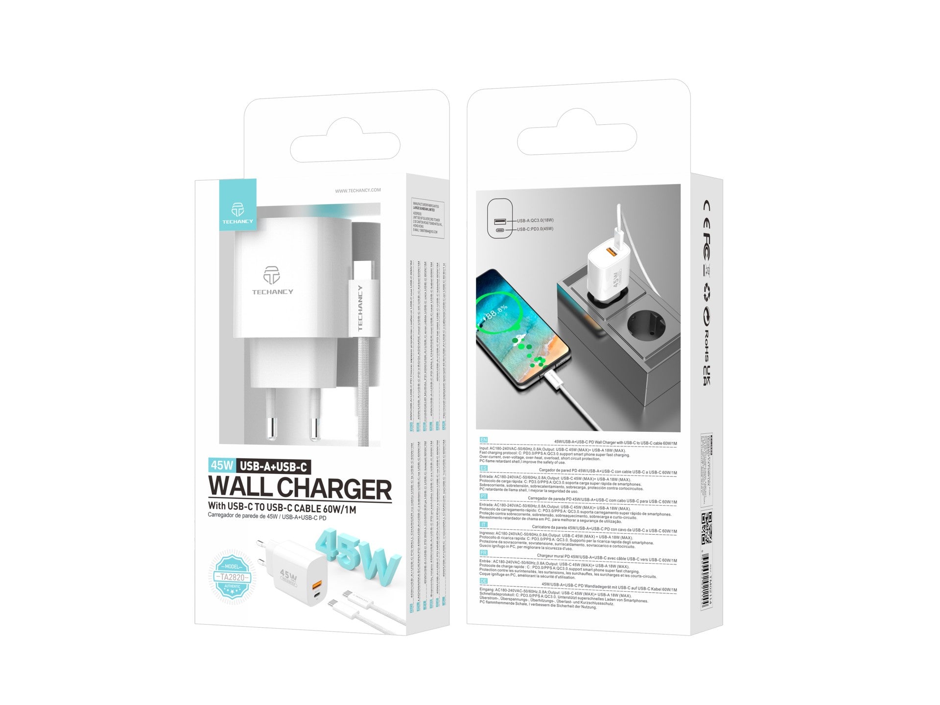 Techancy Încărcător USB-A+USB-C TA2820, 45W PD, cu Cablu USB-C la