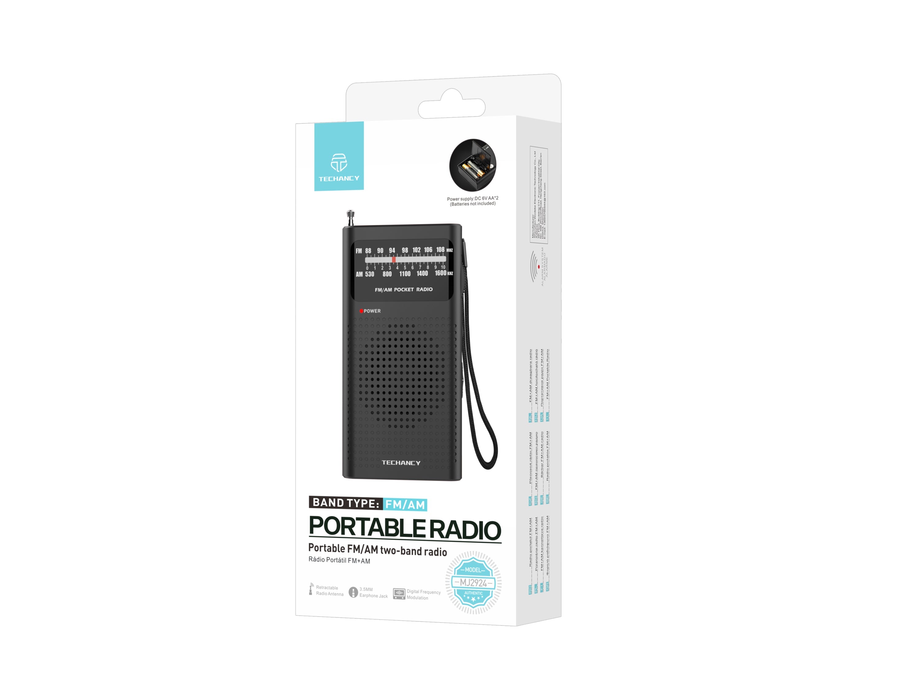 Techancy MJ2924 Radio portatil FM AM com sintonia manual entrada fone