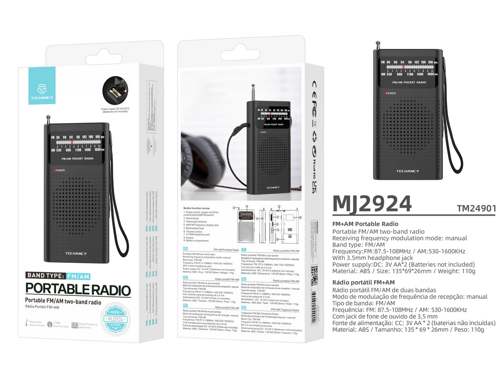 Techancy MJ2924 Radio portatil FM AM com sintonia manual entrada fone