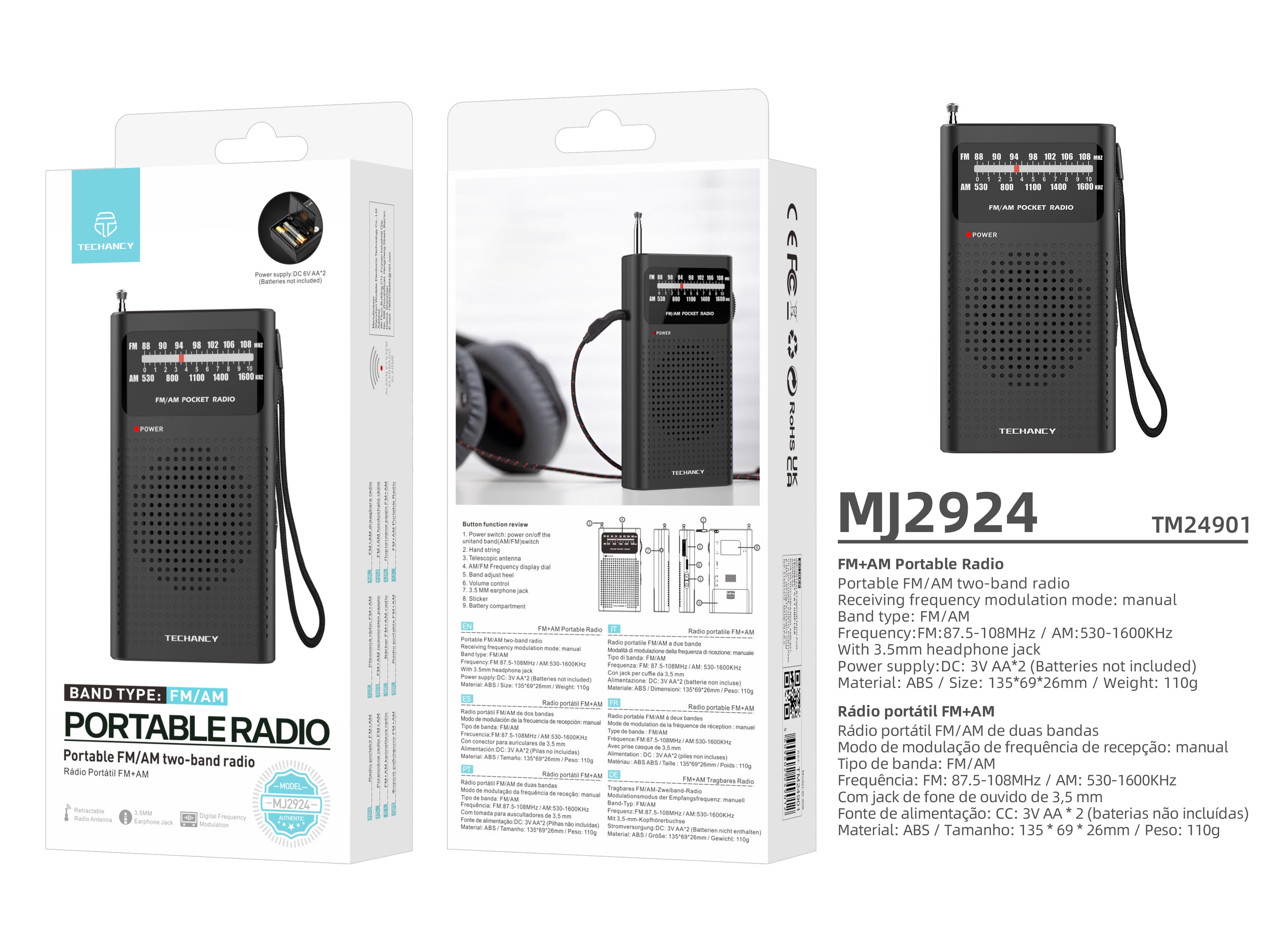 Techancy MJ2924 Radio portatil FM AM com sintonia manual entrada fone
