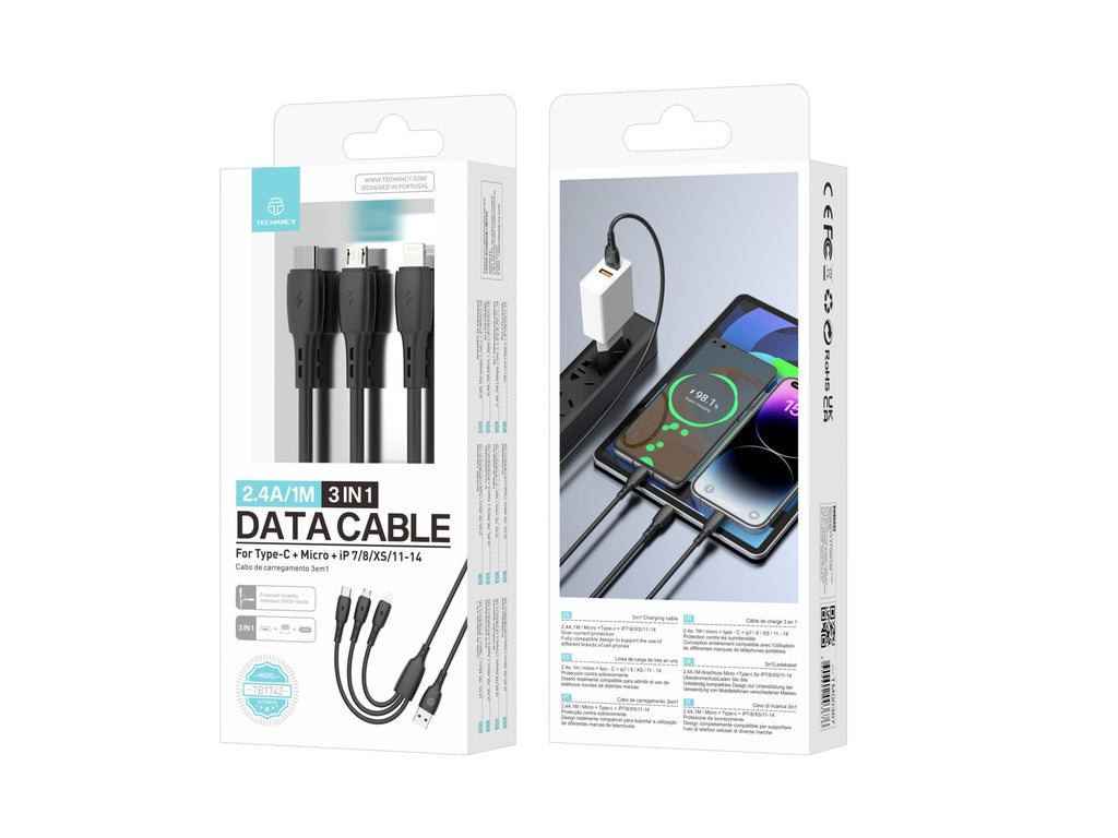 Cablu 3 în 1 Techancy TB1742, 2.4A, 1m Negru, USB-C/Micro/Lightning,