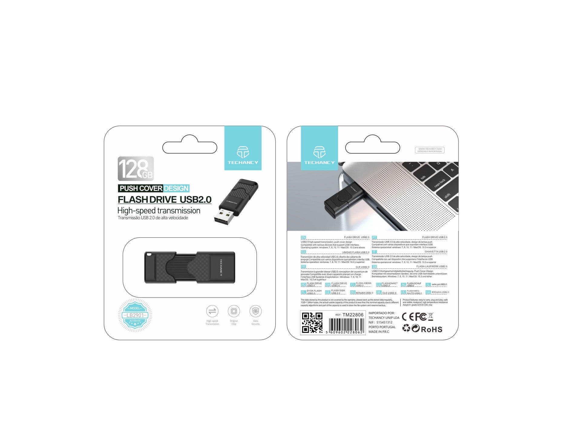 Techancy USB Flash Drive 128GB Preto LB2901, Usb 2.0, Compatível com