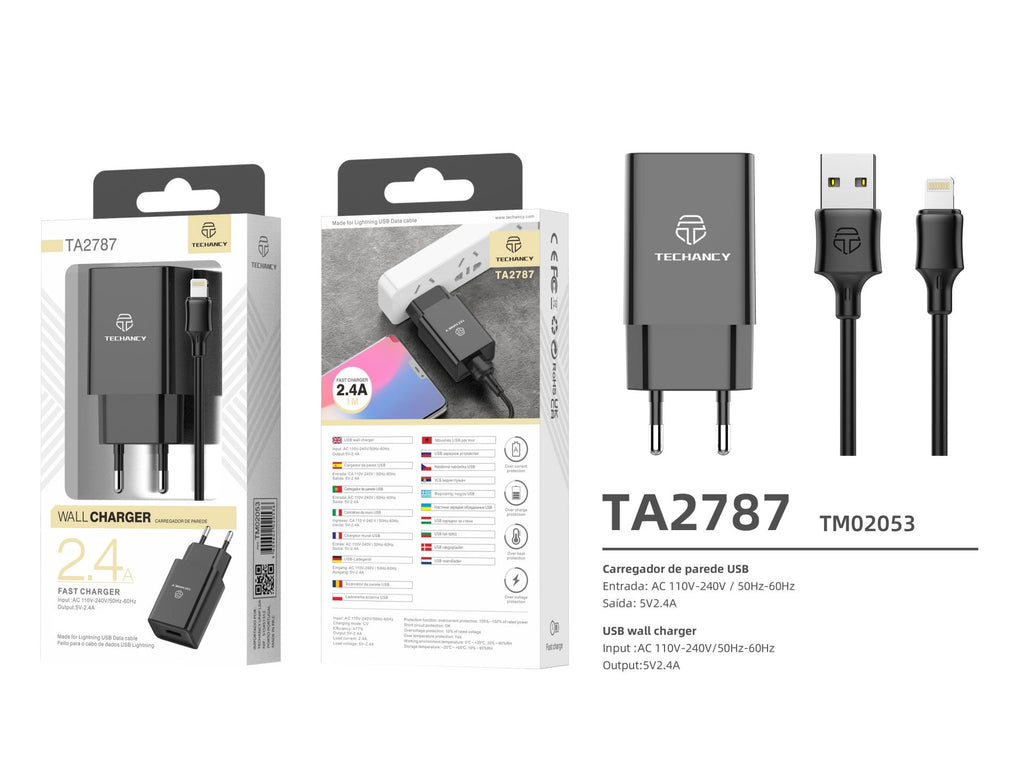 Techancy Carregador De Telemóvel Preto  TA2787, Saída Usb 5v-2.4a