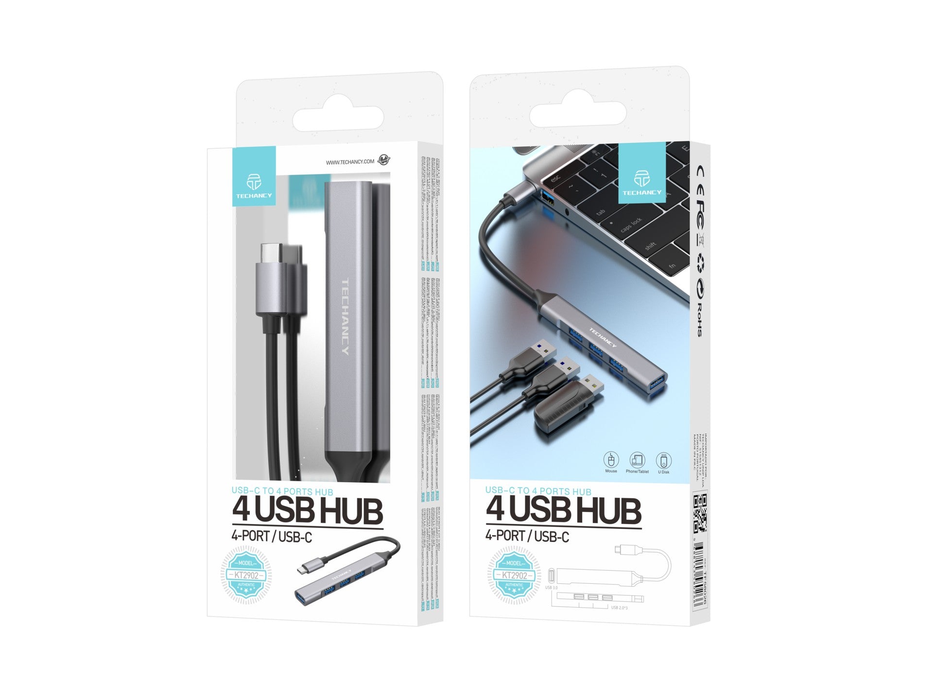 Techancy USB-C 3.0 HUB, 4 em 1 USB, KT2902, Extensor de Hub USB, Cinza