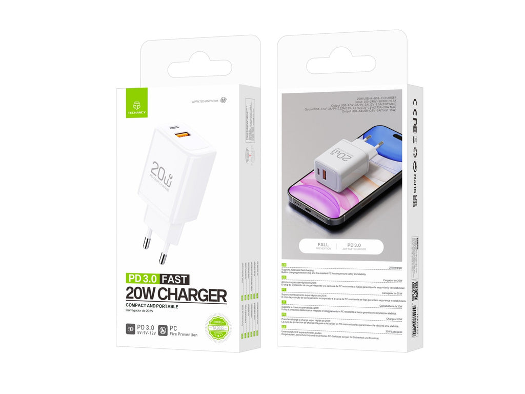 Techancy Carregador TA2825 PD3.0 20W com Duas Portas USB-C e USB-A