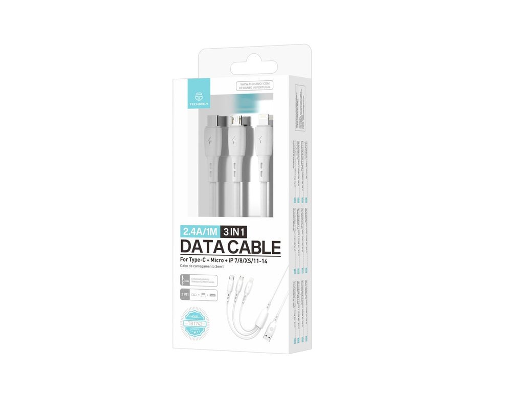 Techancy Cabo 3 em 1 TB1742, 2.4A, 1m Branco, USB-C/Micro/Lightning,
