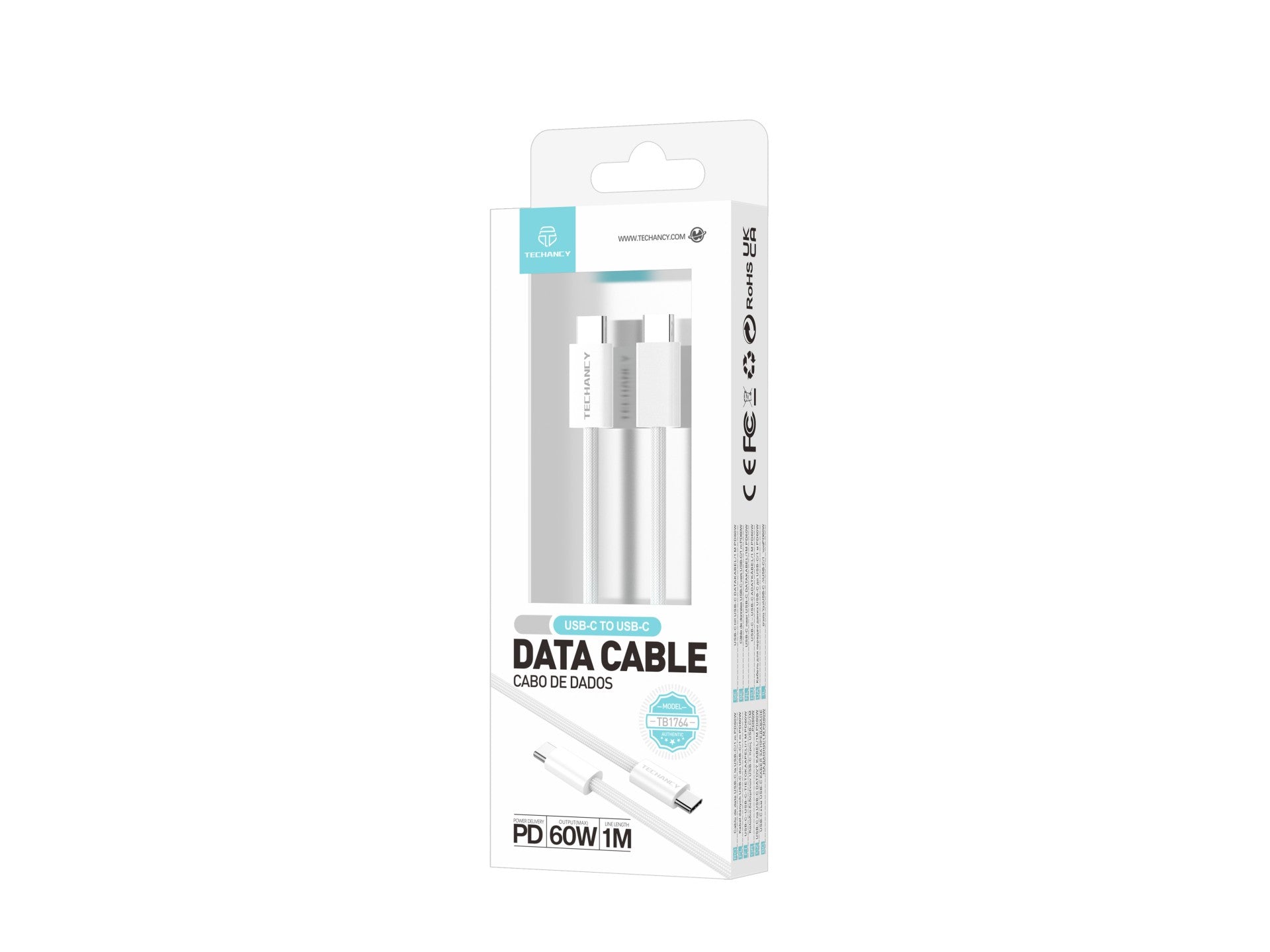 Techancy Cabo USB-C para USB-C TB4764 1M PD 60W, Trancado, Carga