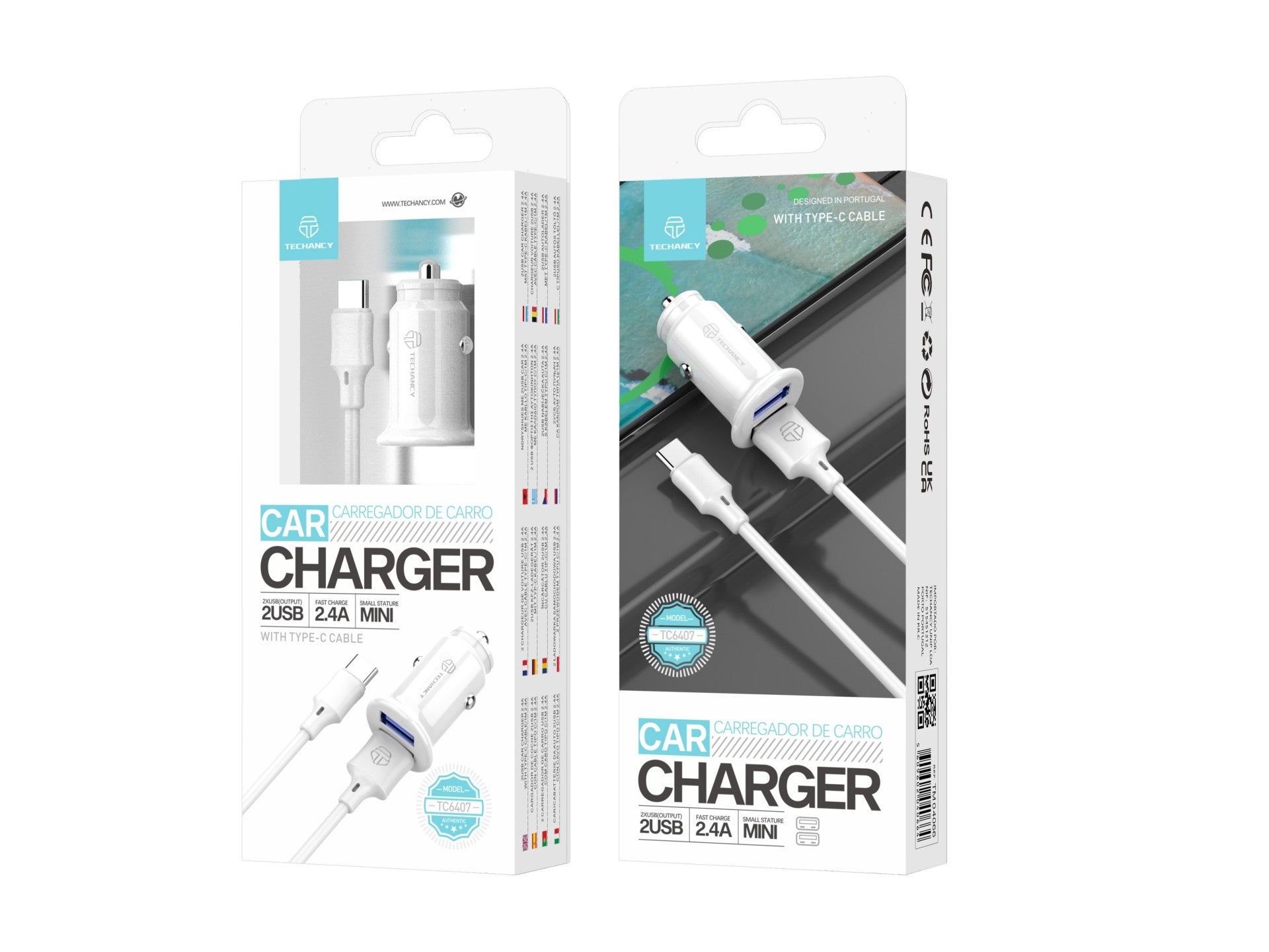 Techancy Carregador De Automóvel Mini  TC6407, Carregamento 2usb 2.4A,