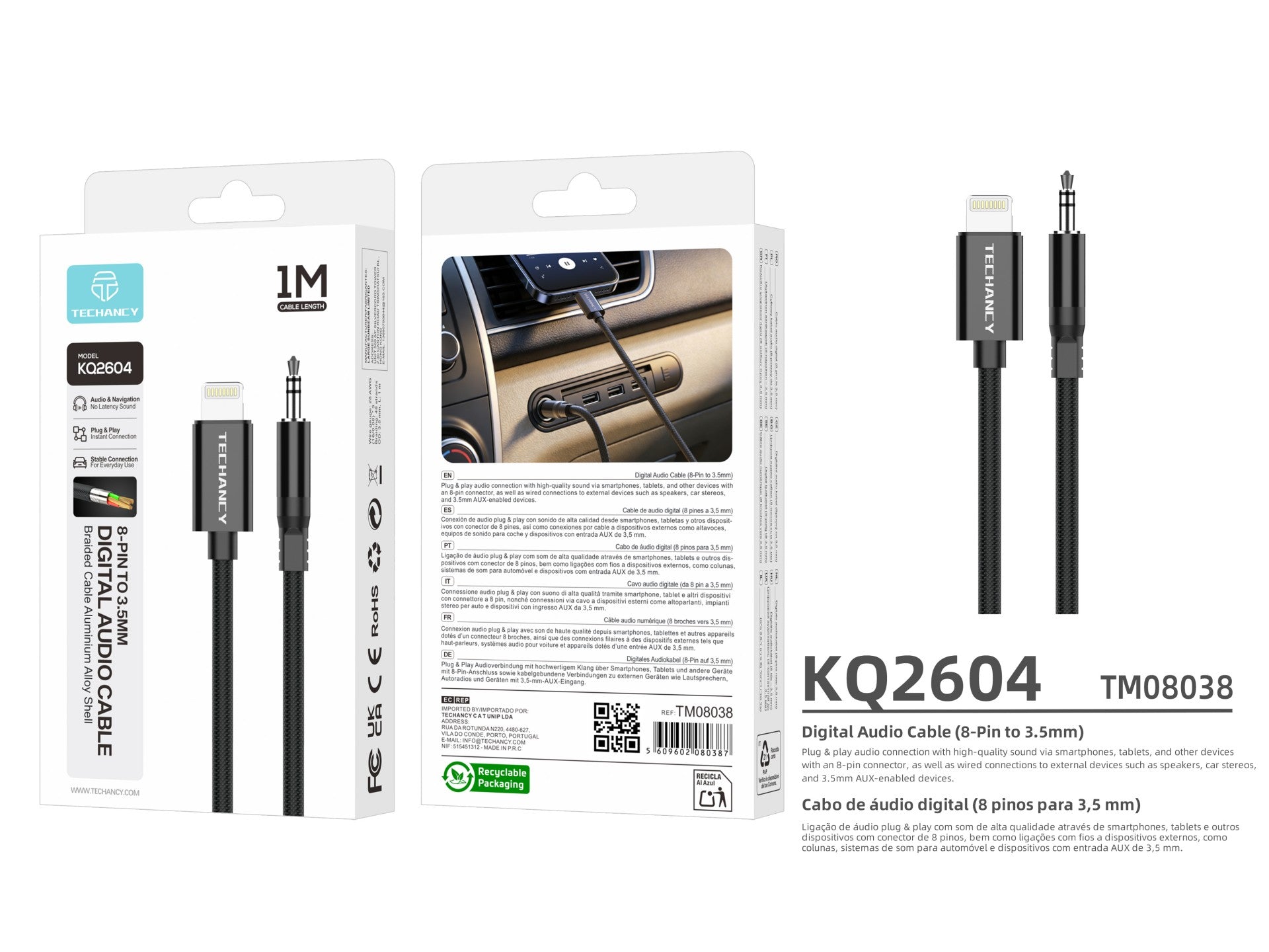 Techancy Cabo Audio Digital KQ2604 8-Pin para 3.5mm, 1M, Trancado,