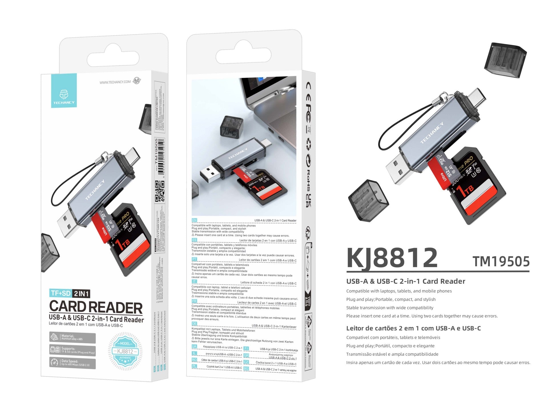 Techancy Leitor de Cartoes KJ8812 USB-A + USB-C 2 em 1 para Cartoes TF