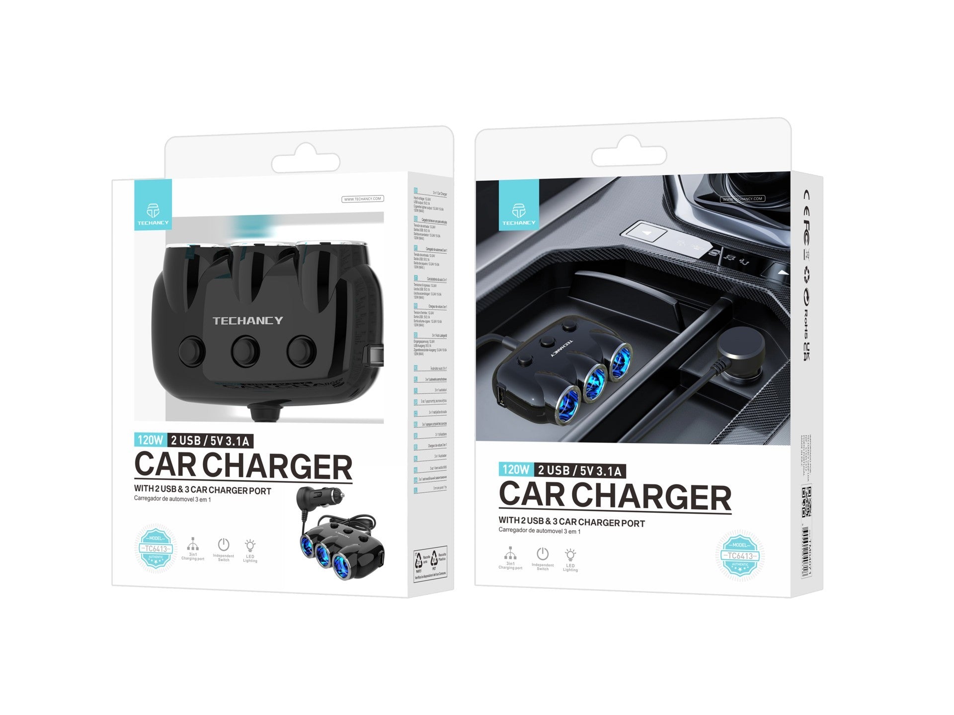 Techancy Carregador De Automóvel 3 Em 1 Preto TC6413, Entrada 12-24v,
