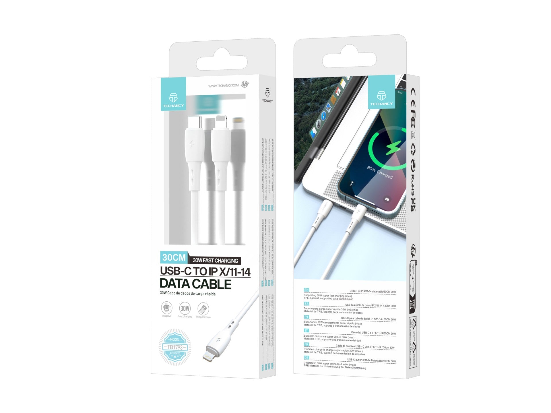 Techancy Cabo De Dados USB C to Lightning Branco TB1778, Carregamento