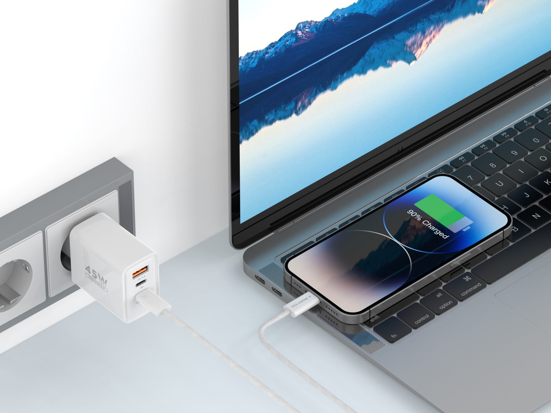 Techancy Încărcător USB-A+USB-C+USB-C TA2822, 45W PD, cu Cablu USB-C