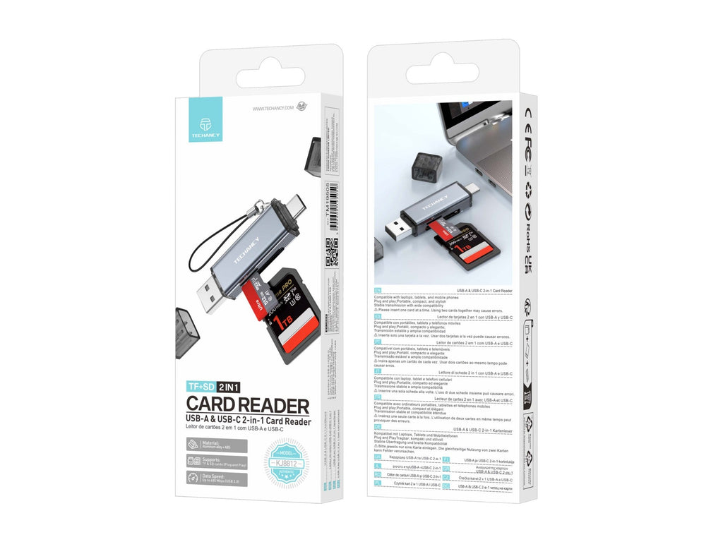 Techancy Leitor de Cartoes KJ8812 USB-A + USB-C 2 em 1 para Cartoes TF