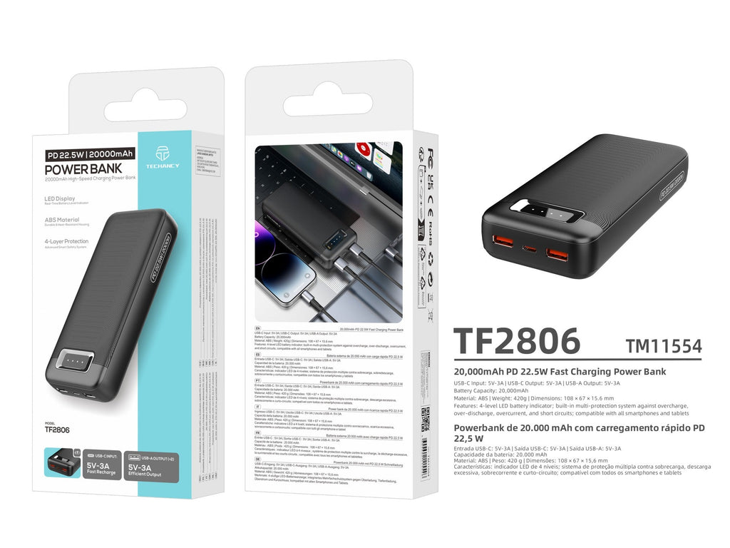 Baterie externă Techancy Power Bank 20000mAh TF2806 PD 22.5W cu USB-C și 2 USB,