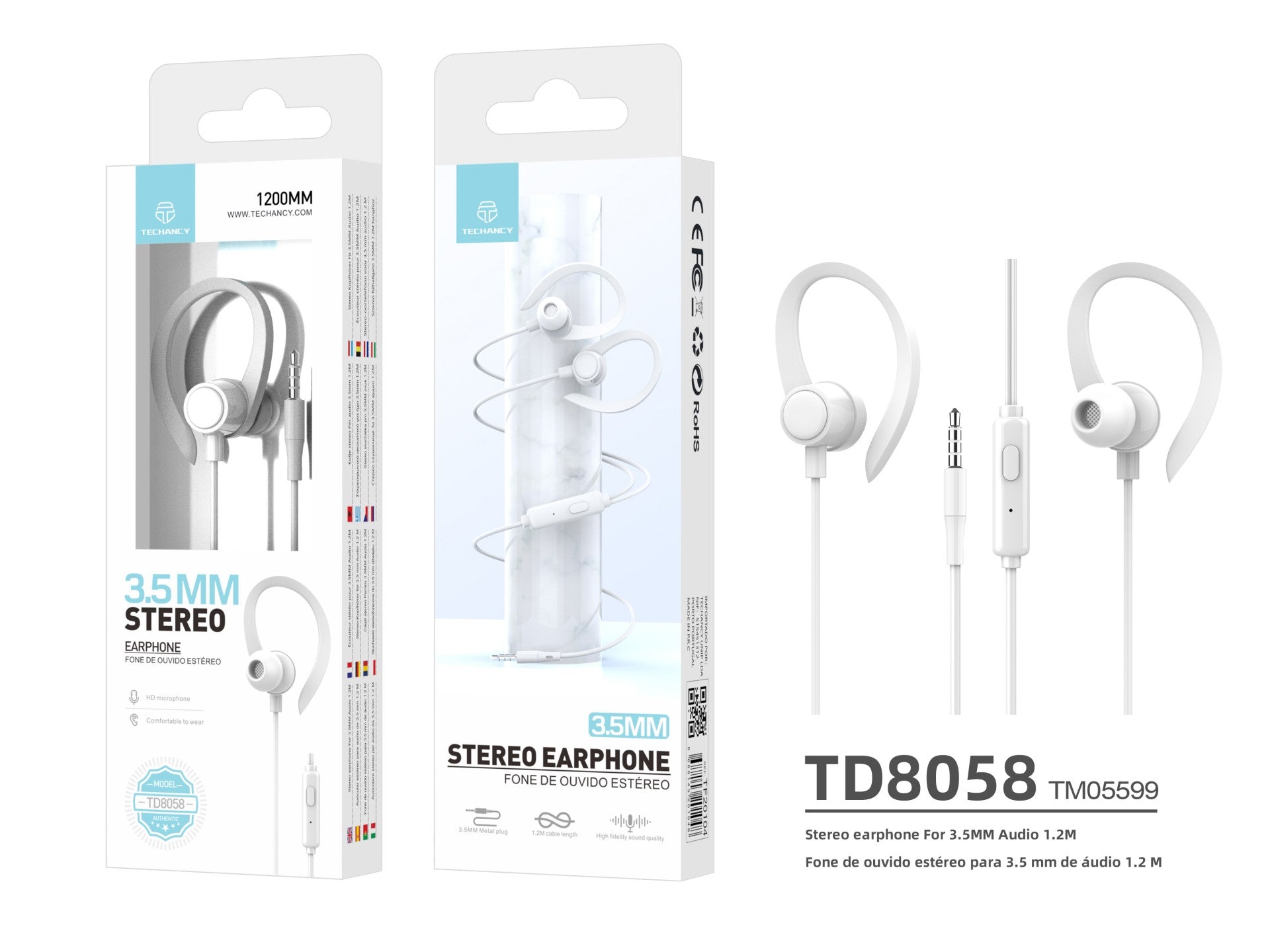 Techancy Auriculares stereo 3.5MM TD8058 cabo 1.2M com microfone