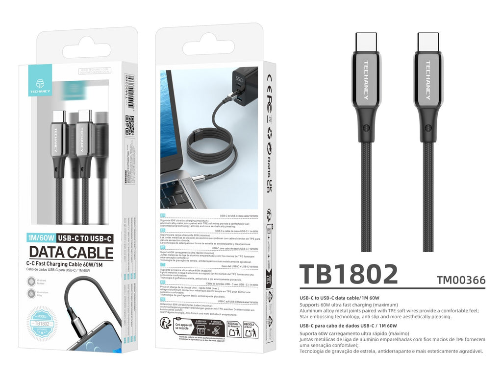 Cablu USB-C la USB-C Techancy TB1802, 60W, 1m, Negru, Conector