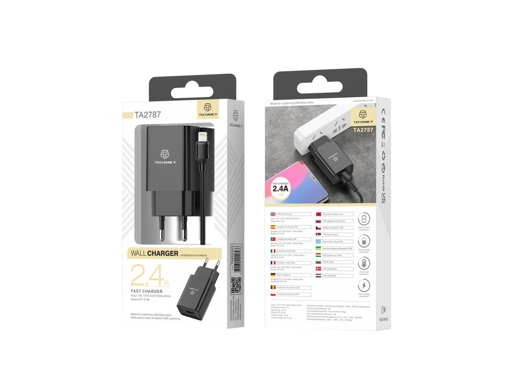Techancy Carregador De Telemóvel Preto  TA2787, Saída Usb 5v-2.4a