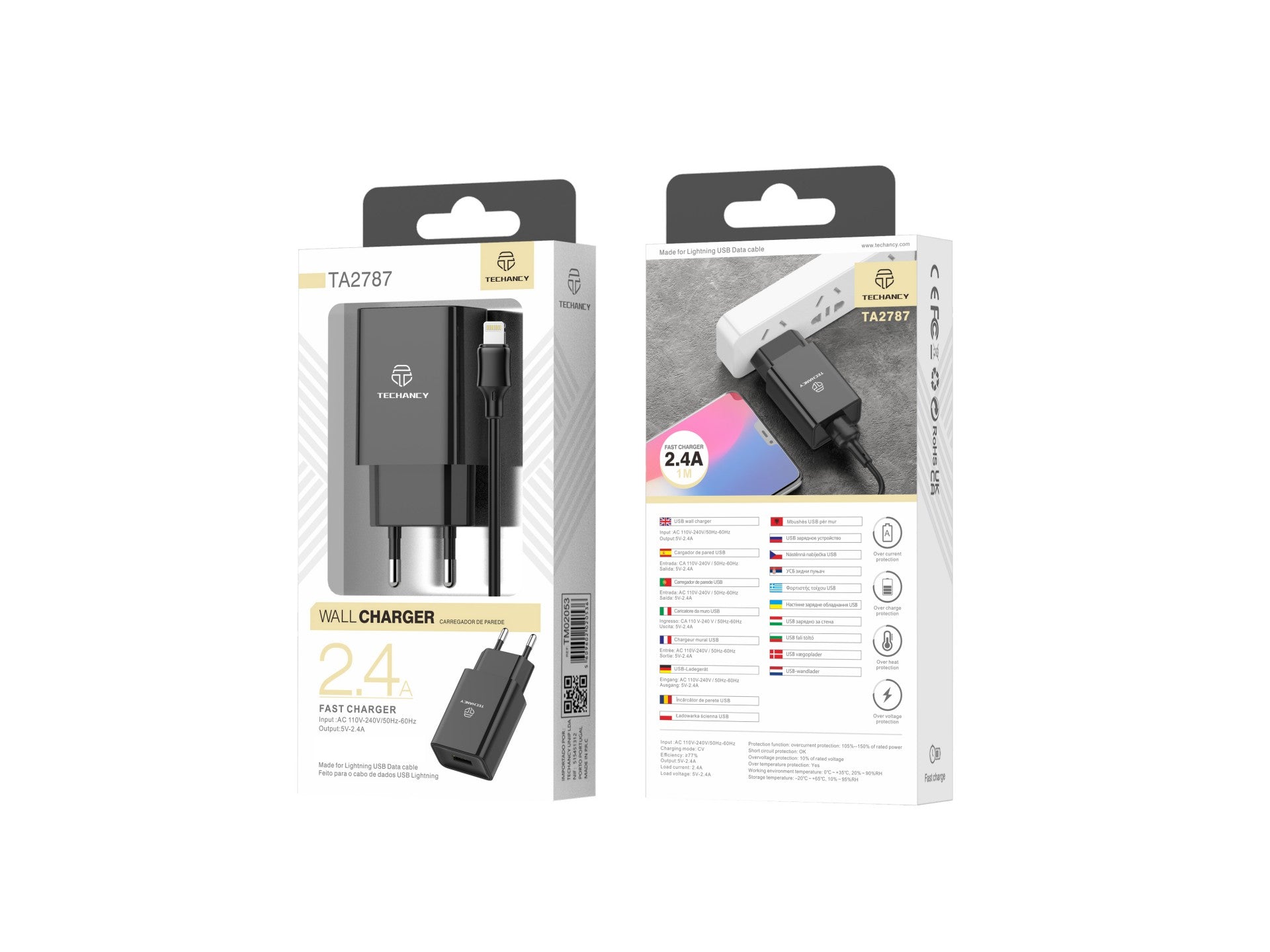 Techancy Carregador De Telemóvel Preto  TA2787, Saída Usb 5v-2.4a