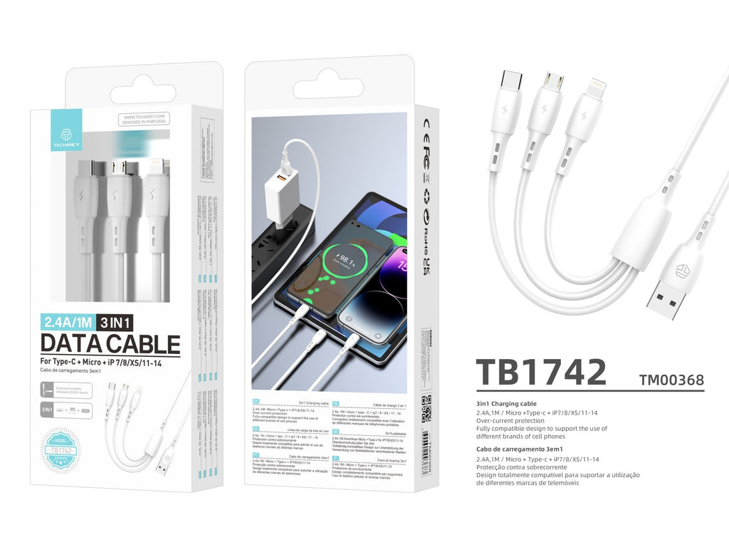 Techancy Cabo 3 em 1 TB1742, 2.4A, 1m Branco, USB-C/Micro/Lightning,