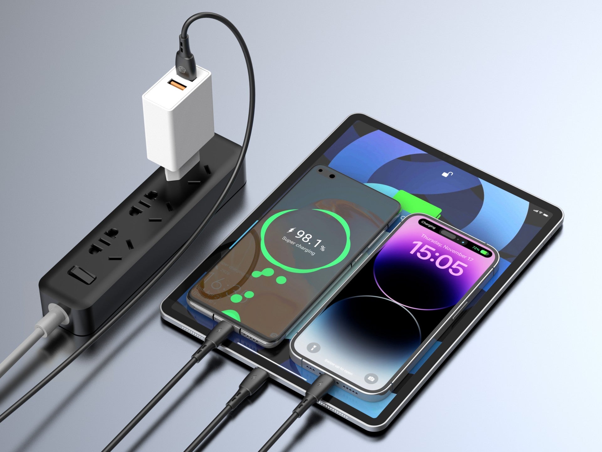 Cablu 3 în 1 Techancy TB1742, 2.4A, 1m Negru, USB-C/Micro/Lightning,
