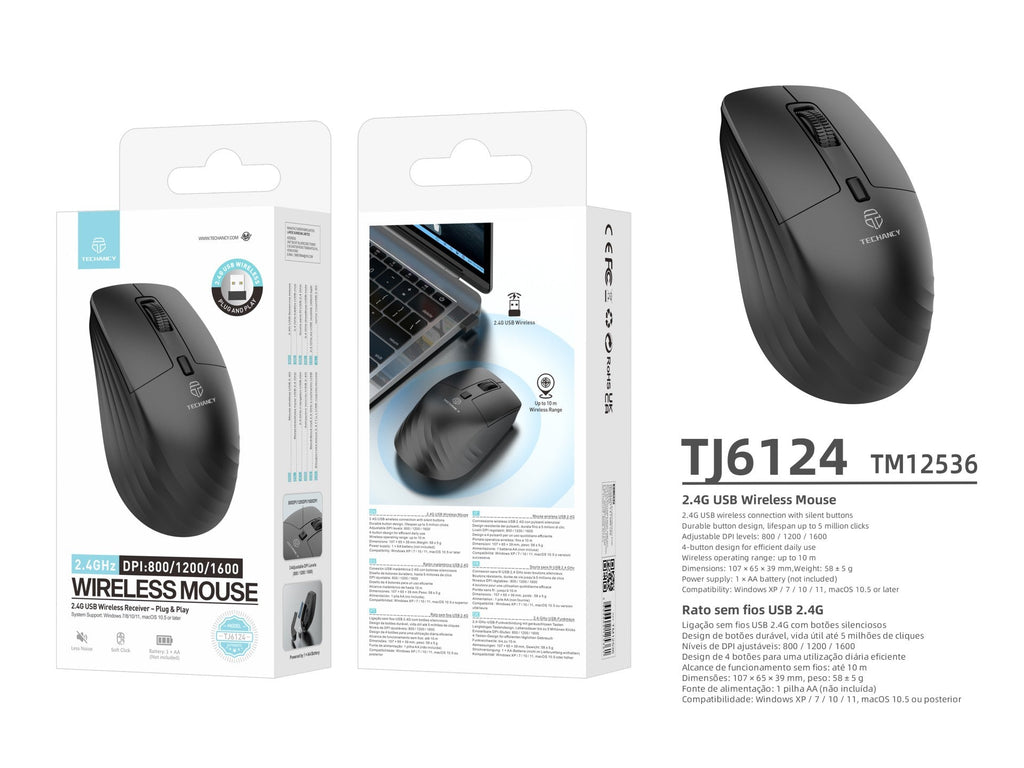 Techancy Rato Sem Fios 2.4G TJ6124 com Recetor USB, Plug and Play,