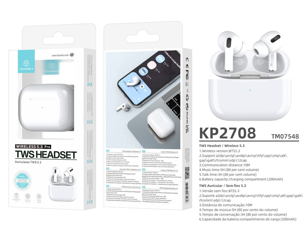 Căști wireless Techancy Tws Pro albe KP2708, Bluetooth 5.3,