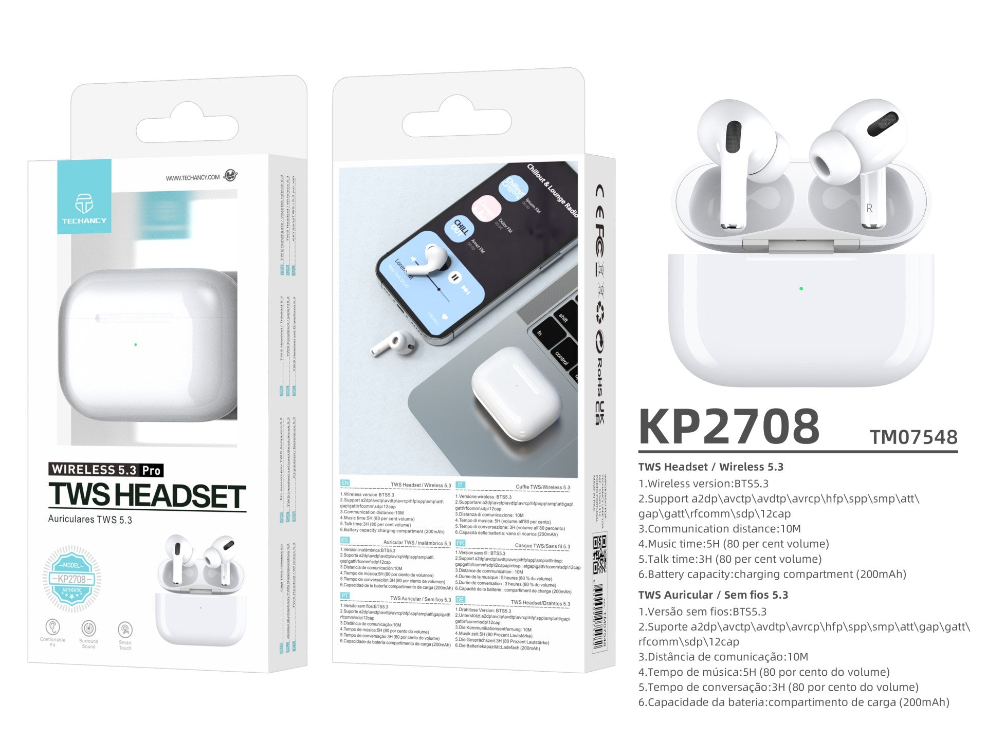 Căști wireless Techancy Tws Pro albe KP2708, Bluetooth 5.3,
