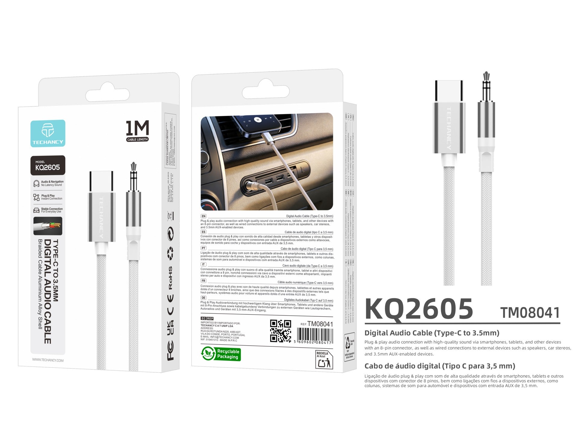 Techancy Cabo Audio Digital KQ2605 Type-C para 3.5mm, 1M, Trancado,