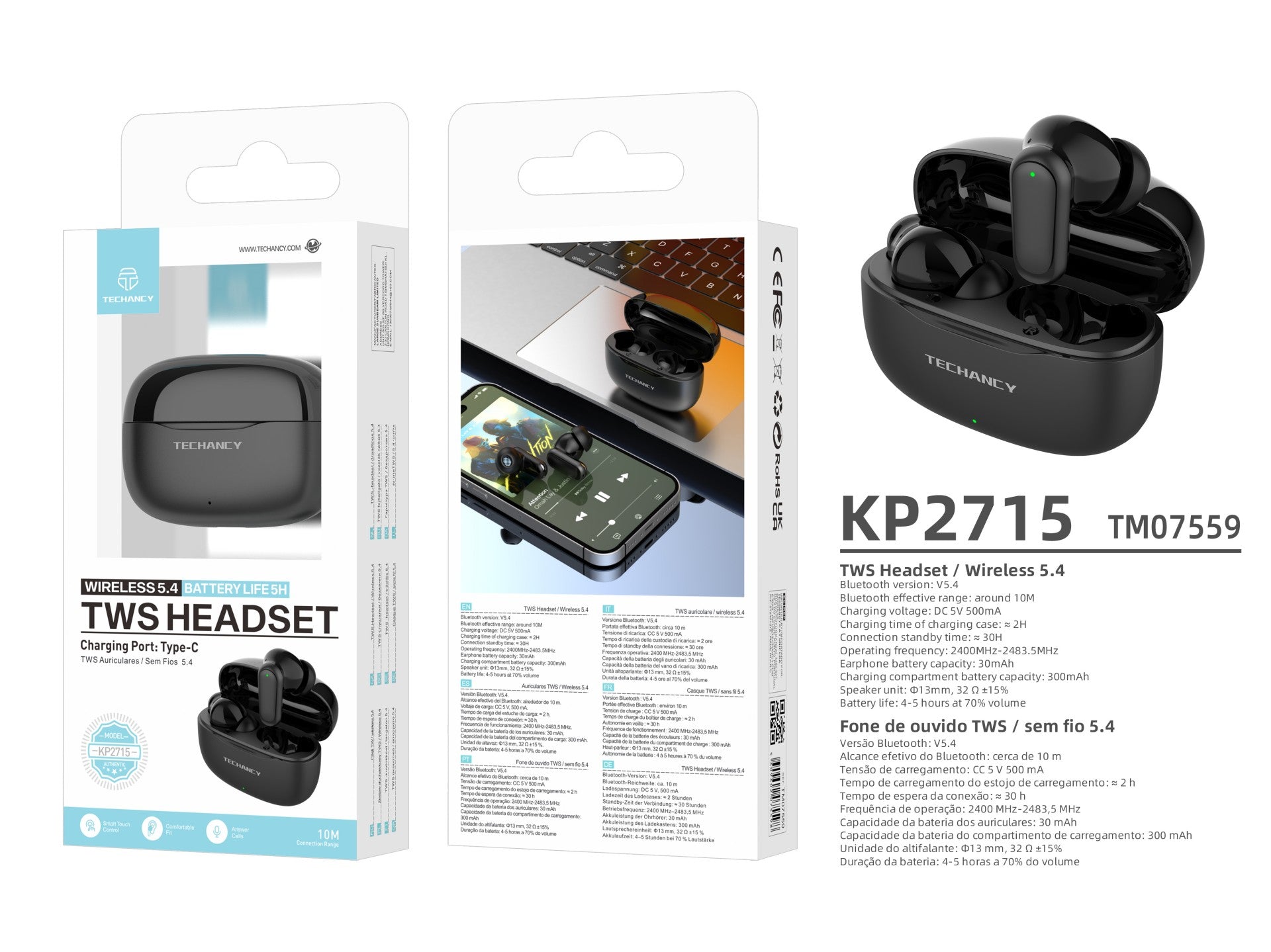 Techancy Auriculares Bluetooth TWS Wireless 5.4 KP2715 Microfone HD