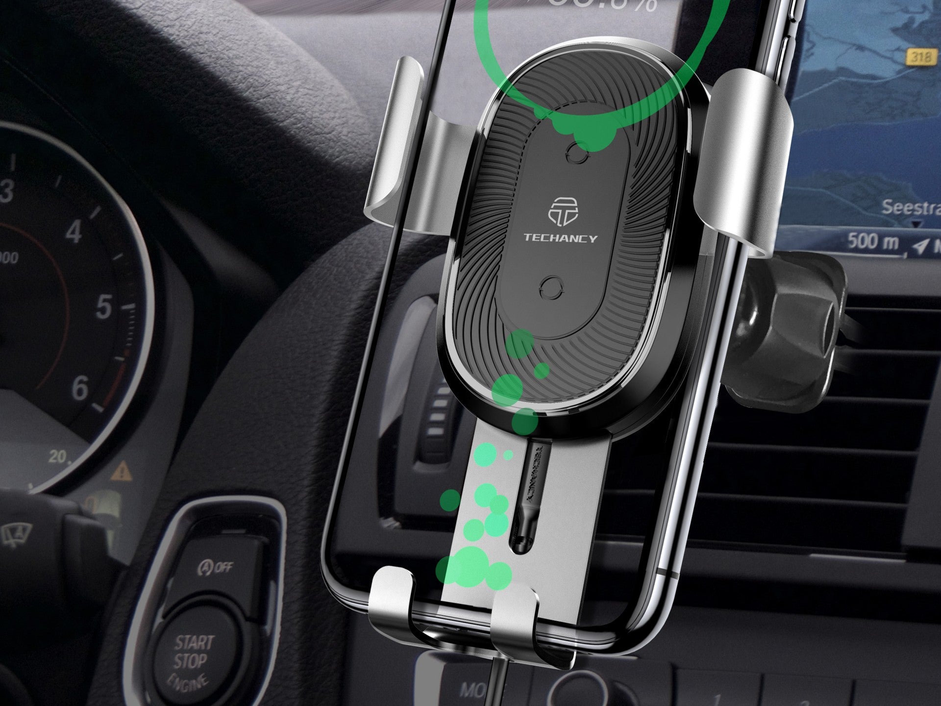 Techancy Suporte Para Telemóvel De Automóvel Com Carregamento Sem Fios
