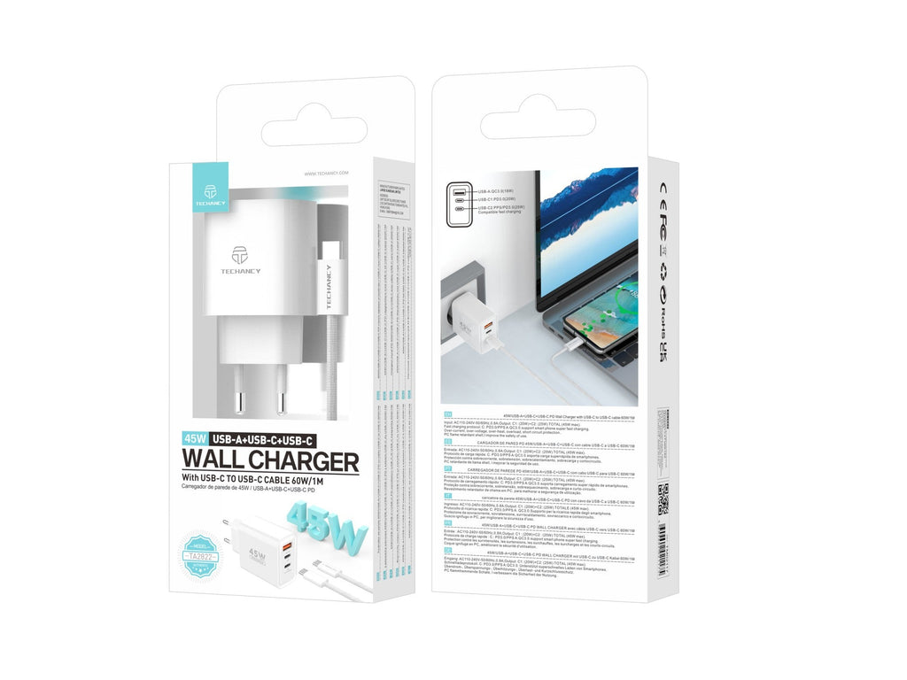 Techancy Carregador USB-A+USB-C+USB-C TA2822, 45W PD, com Cabo USB-C