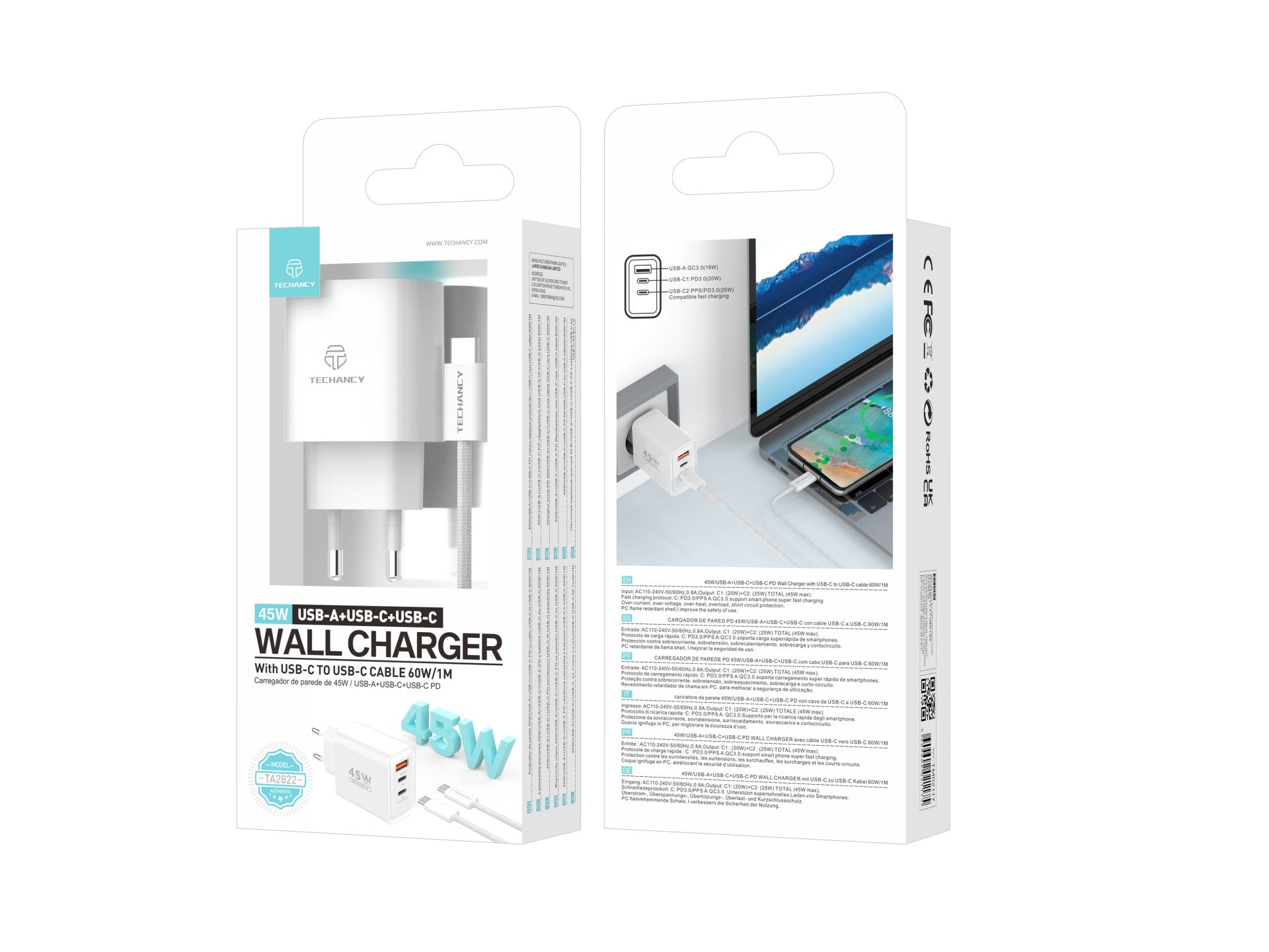 Techancy Carregador USB-A+USB-C+USB-C TA2822, 45W PD, com Cabo USB-C