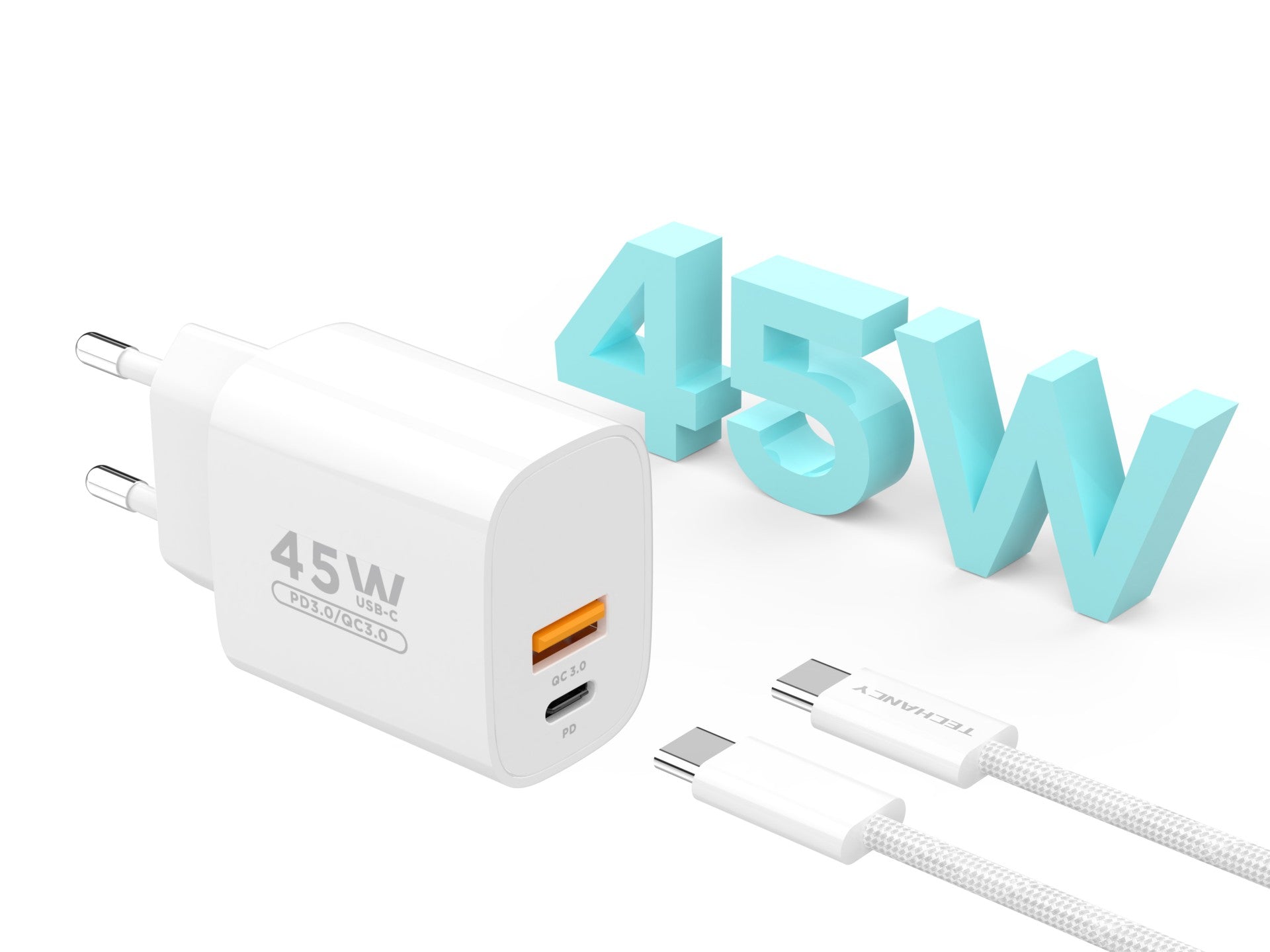Techancy Încărcător USB-A+USB-C TA2820, 45W PD, cu Cablu USB-C la