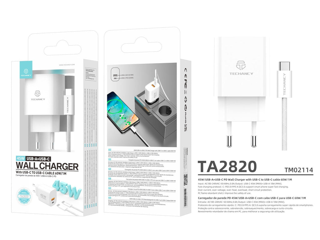 Techancy Încărcător USB-A+USB-C TA2820, 45W PD, cu Cablu USB-C la