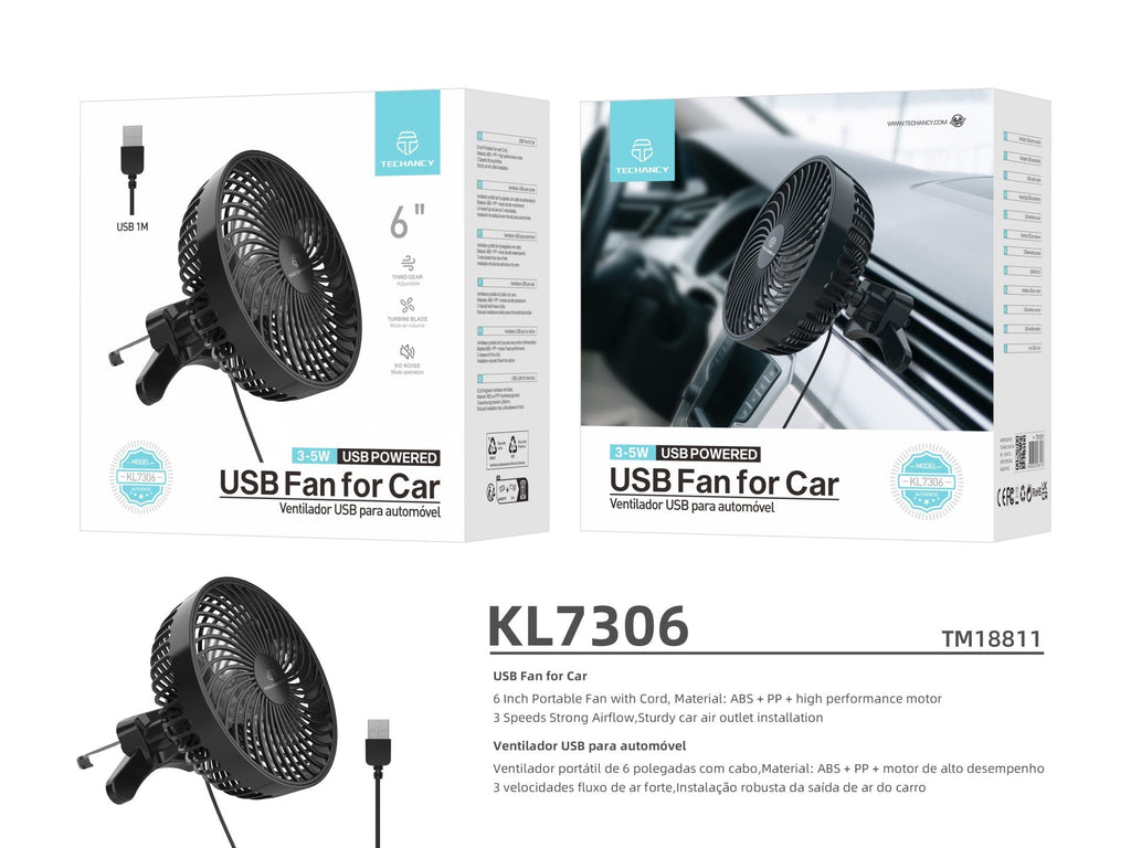 Techancy Ventilador De Carro Usb Preto KL7306, 6 Polegadas, Fluxo De