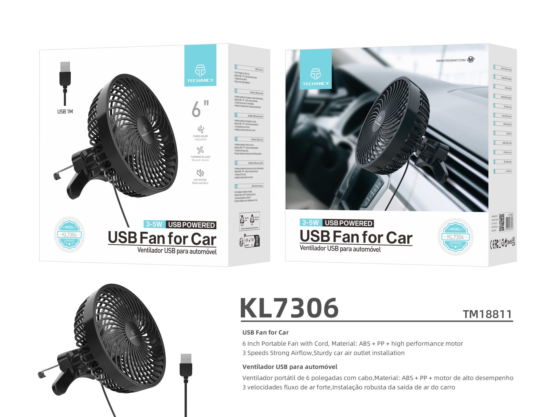 Techancy Ventilador De Carro Usb Preto KL7306, 6 Polegadas, Fluxo De