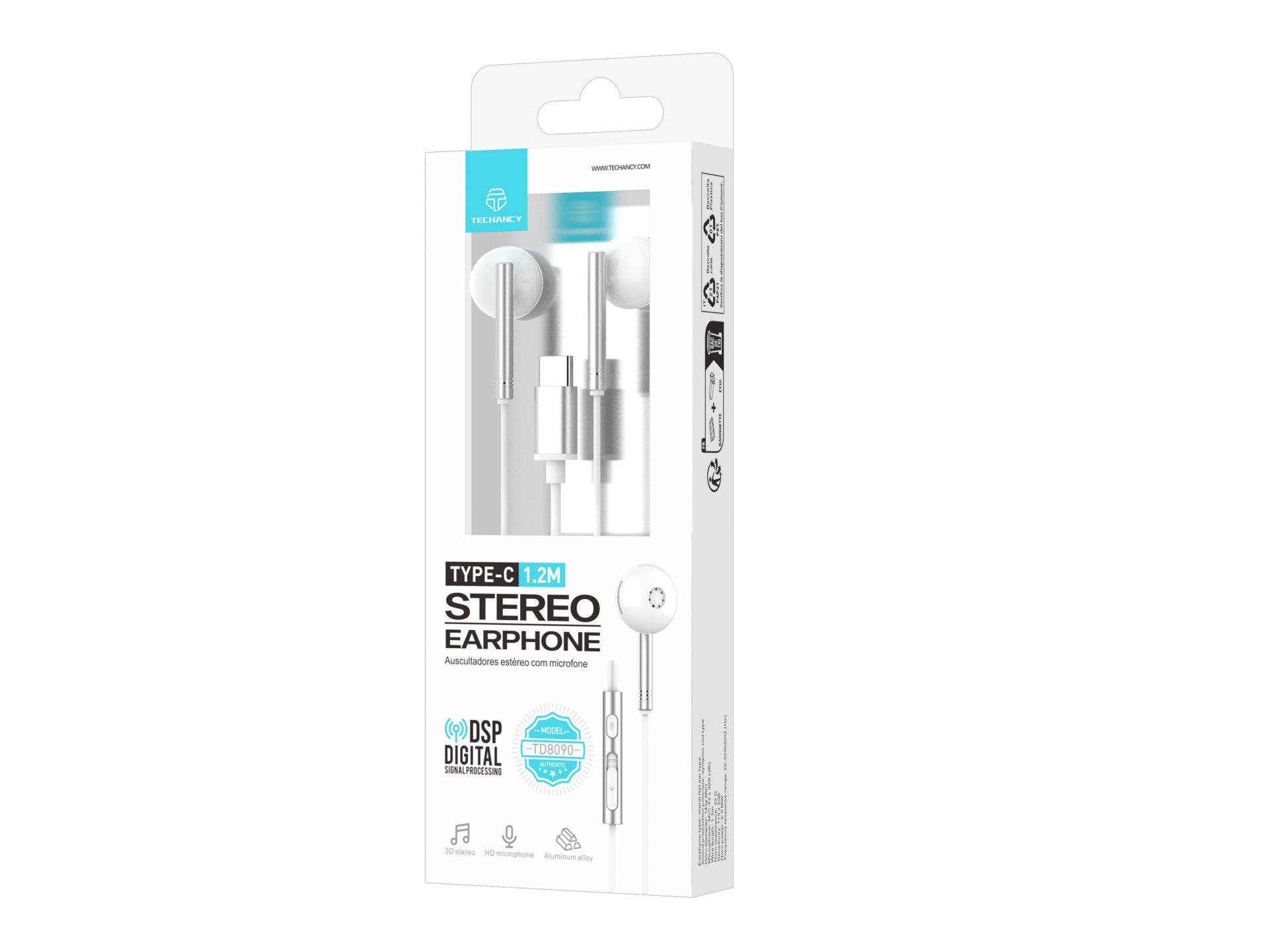 Techancy Auscultadores Estéreo Em Metal Branco TD8090, Porta