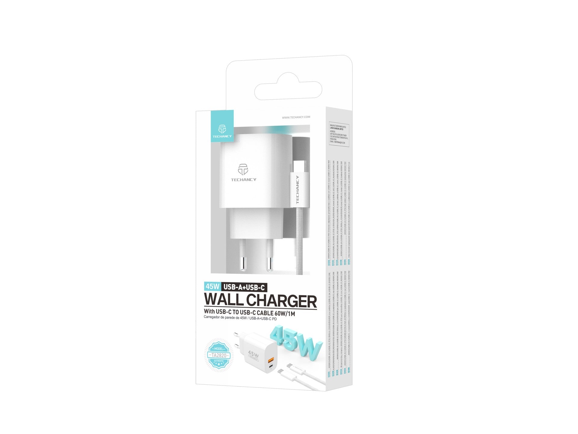 Techancy Încărcător USB-A+USB-C TA2820, 45W PD, cu Cablu USB-C la