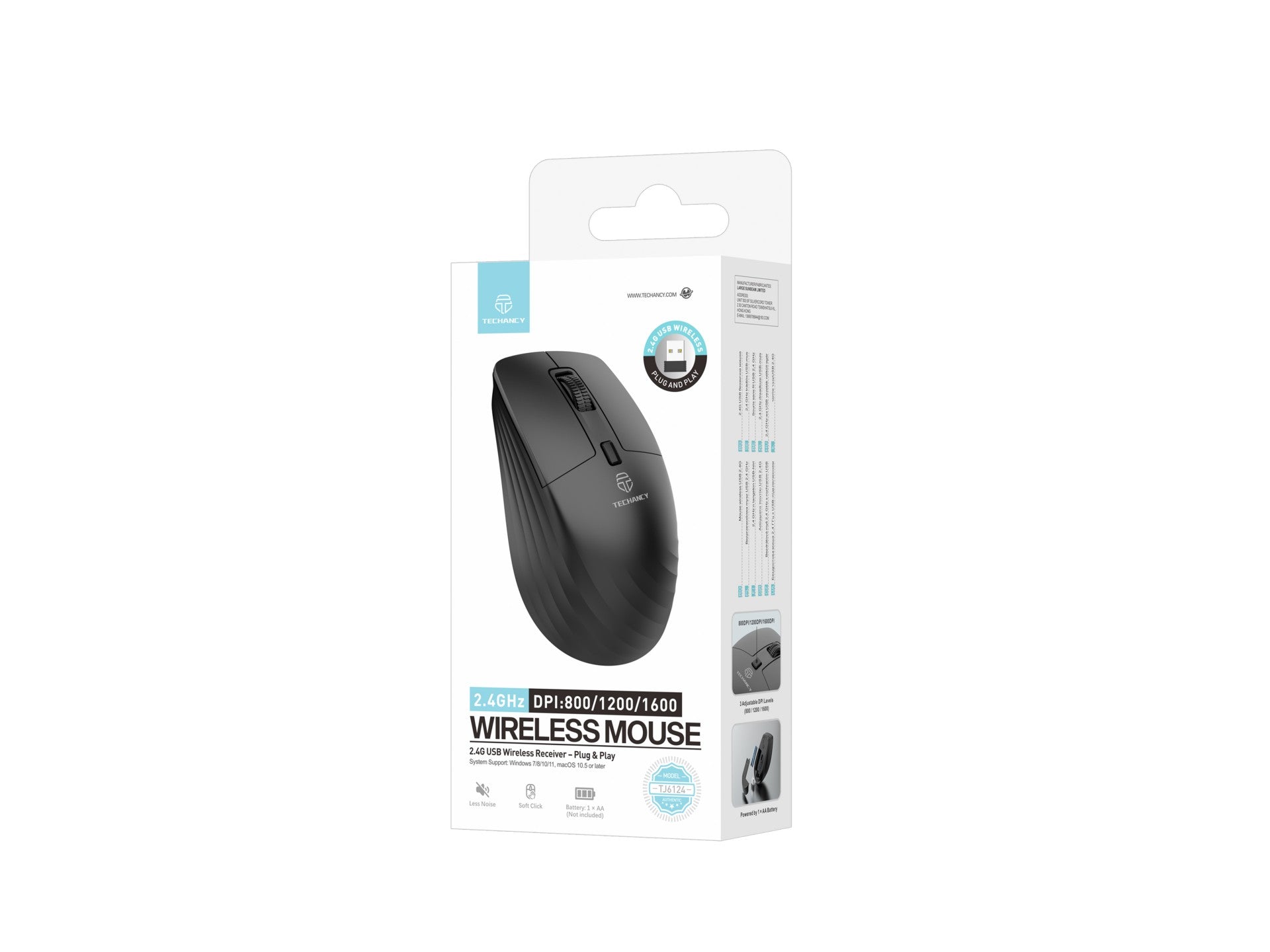 Techancy Rato Sem Fios 2.4G TJ6124 com Recetor USB, Plug and Play,