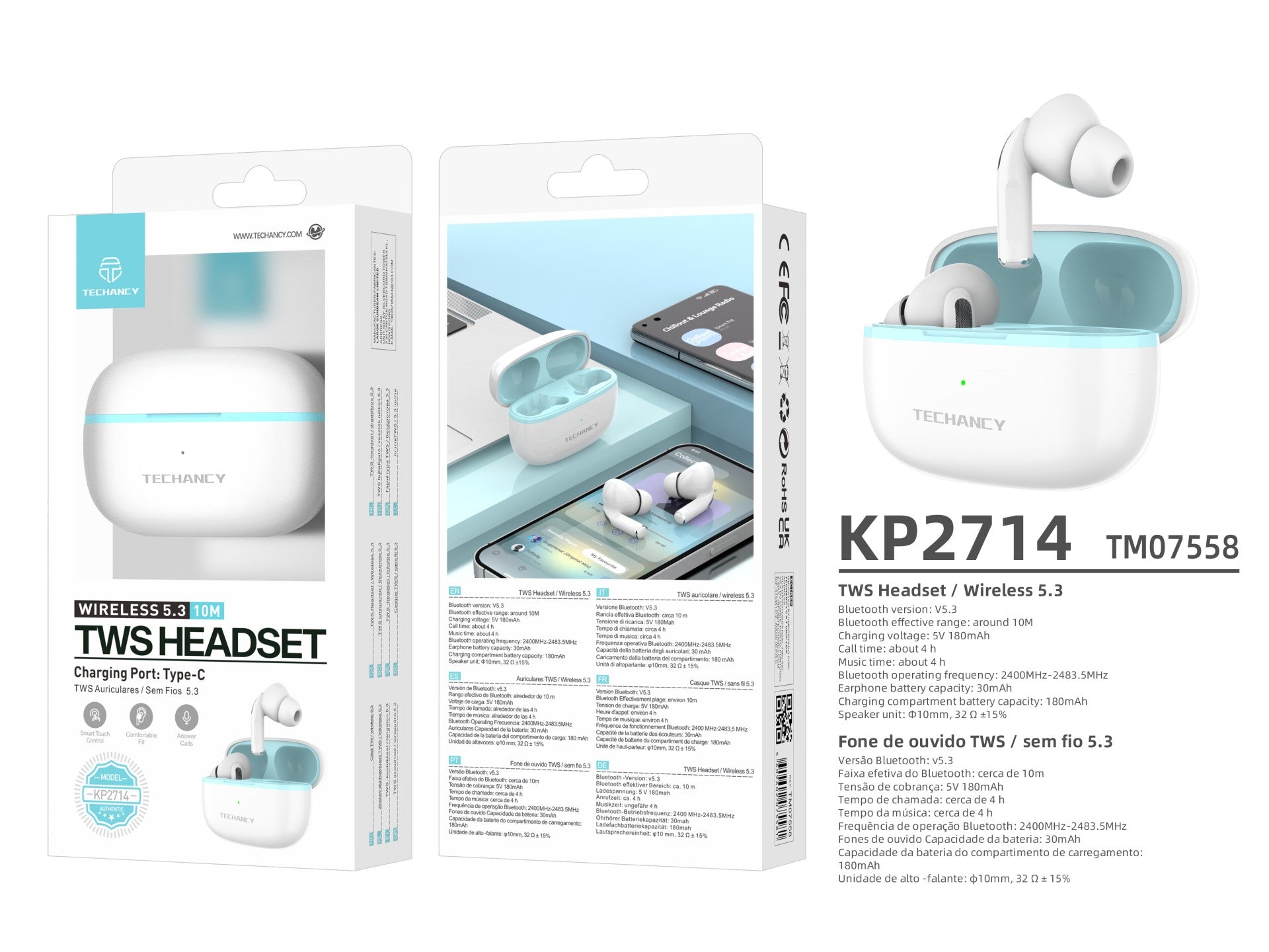 Techancy Auriculares TWS KP2714 Bluetooth 5.3 ligação 10m USB-C 4h de