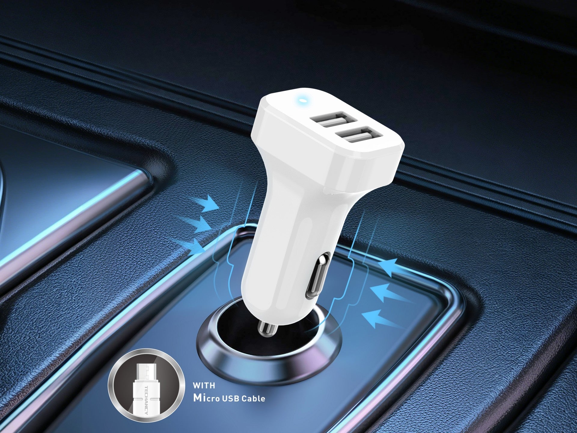 Techancy TC6403 Carregador de Carro Duplo USB 2.4A com Cabo Micro USB