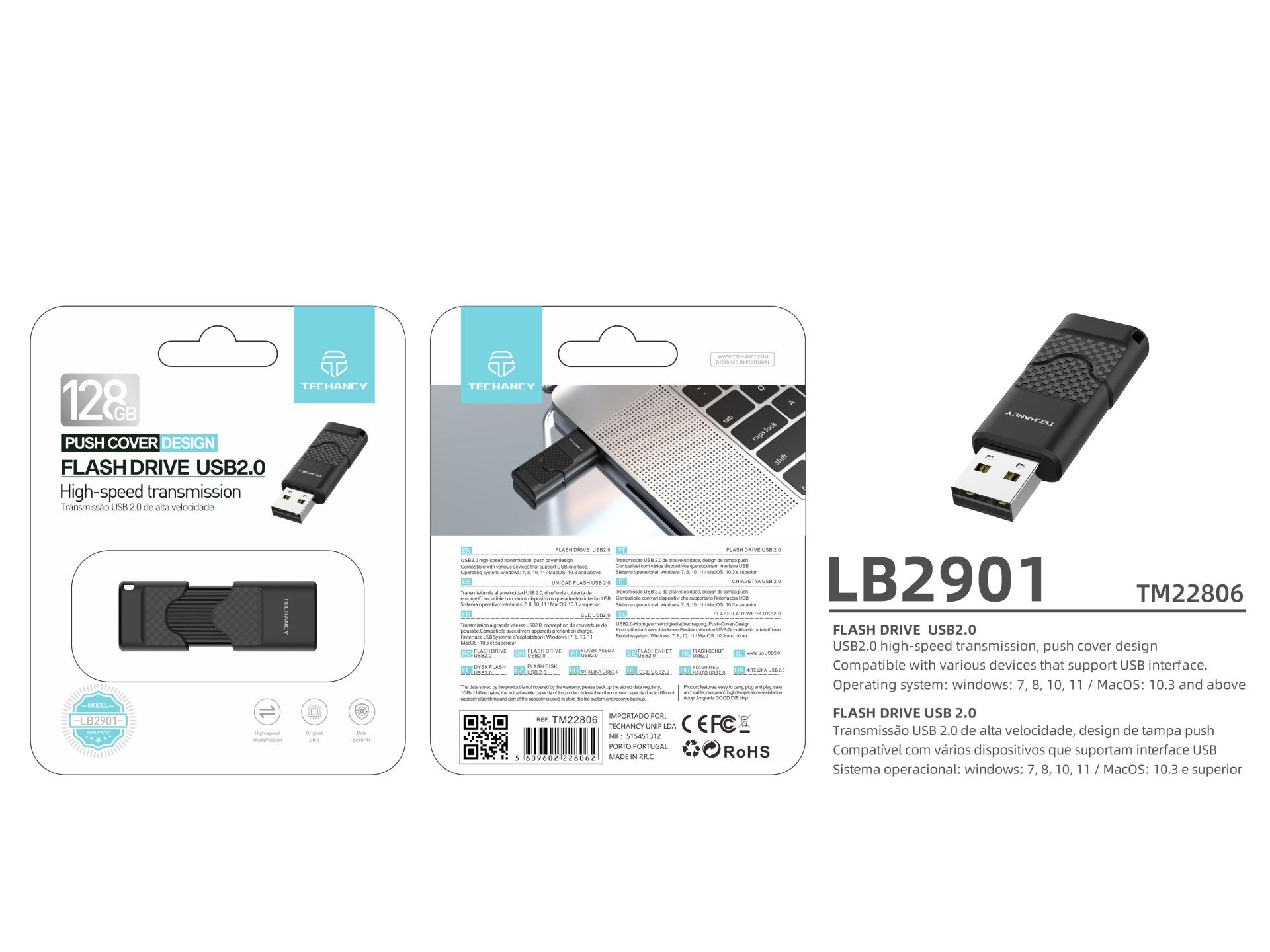 Techancy USB Flash Drive 128GB Preto LB2901, Usb 2.0, Compatível com