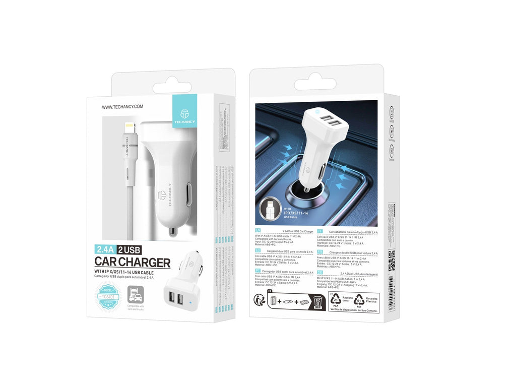 Încărcător Auto Dual USB 2.4A Techancy TC6401 cu Cablu Lightning